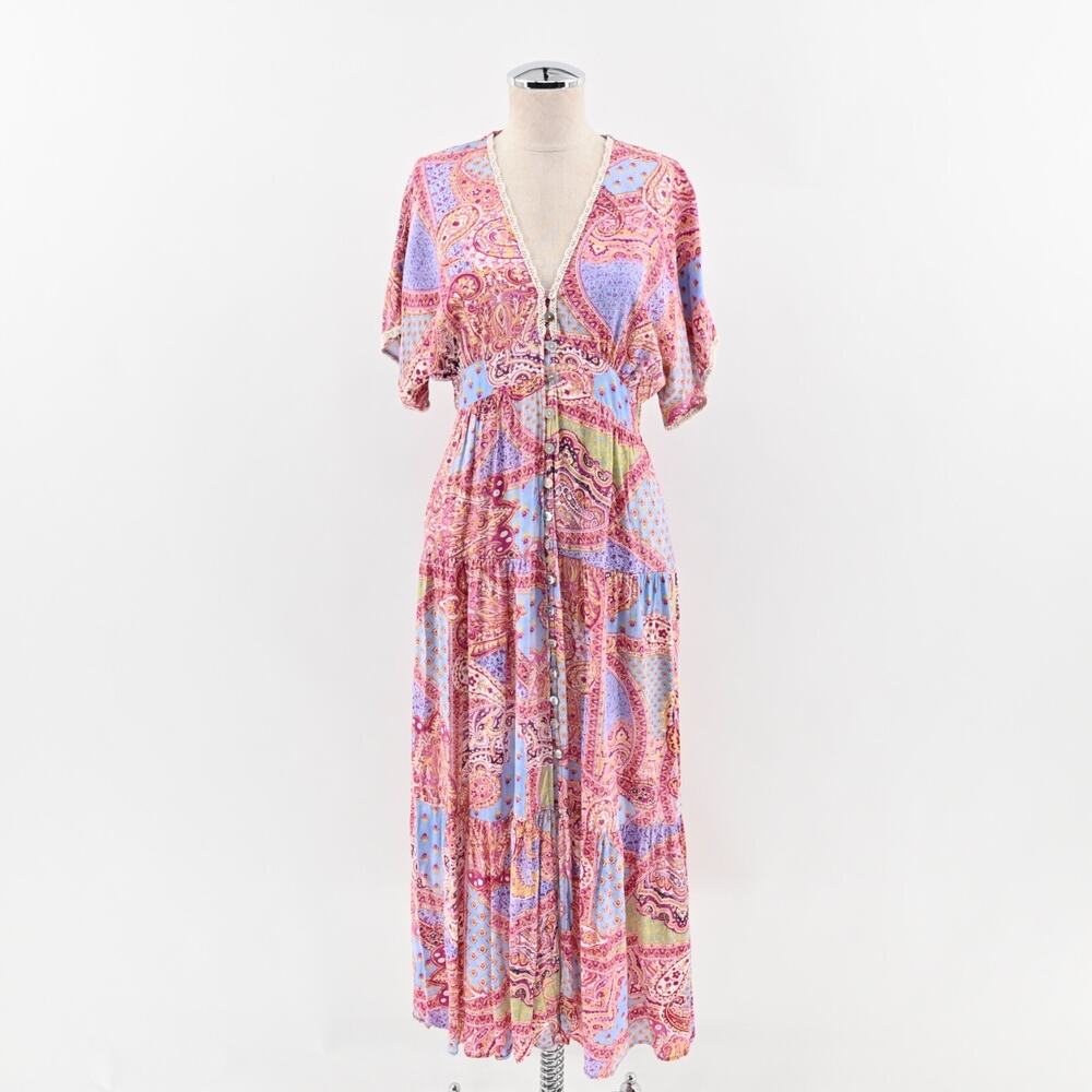 ZARA Dress Size S Multicolor Printed Maxi‎ Pink Lavender Boho Crochet Festival
